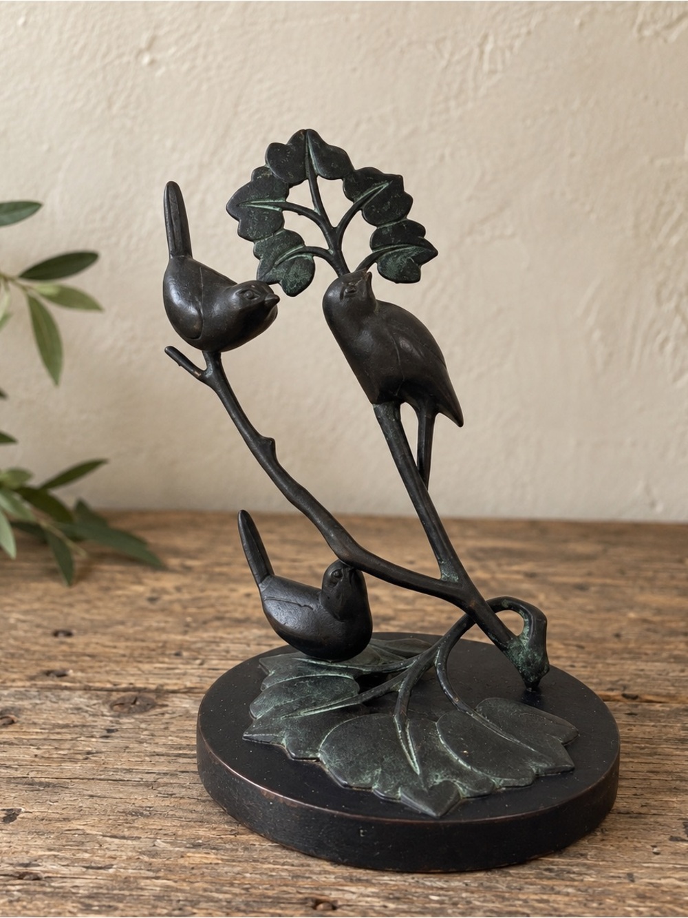 Vintage Bronze‎ Bird on Branch Sculpture Home Decor Verdigris Patina Woodland